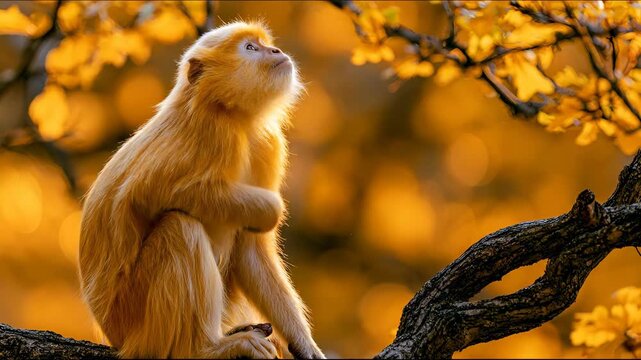 Golden snub nosed monkey sitting on tree branch surrounded by autumn orange leaves in wildlife forest.