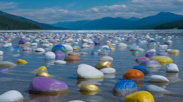 Vibrant Multi-Colored Stones Resting in Calm Shallow Waters of a Mountain Lake