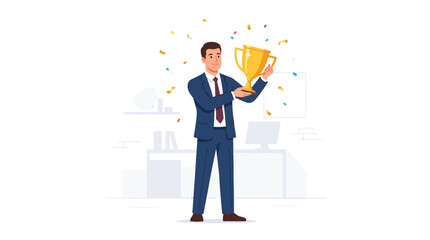 Obraz premium Successful businessman in suit holding a golden trophy with confetti falling, celebrating achievement in modern office