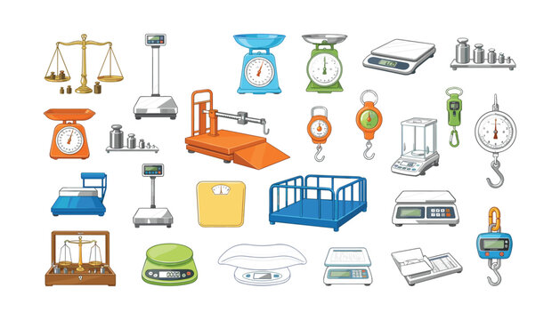 Weighing scale vector set with digital kitchen bathroom mechanical platform and vintage balance scales icon illustration