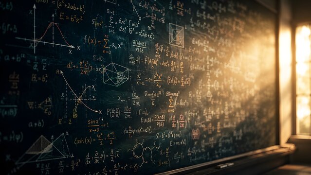 Complex mathematical equations and physics formulas written in chalk on blackboard, symbolizing advanced academic research and scientific theory