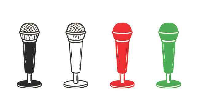 Four colorful microphones on stands