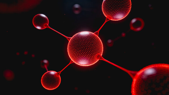 3D rendered glowing red molecular structures connected in a network, representing chemical or biological science concepts.