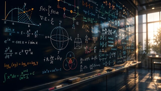 Complex mathematical formulas and geometric equations written on dark chalkboard with warm sunlight, symbolizing advanced education, physics, and scientific research