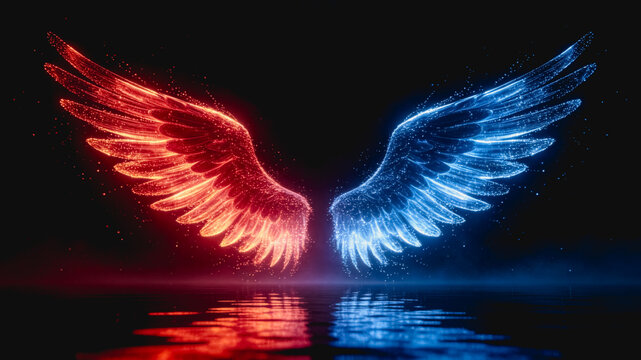 Dual glowing fiery red and icy blue wings, their reflections on a dark calm water surface, creating a surreal contrast of elements.