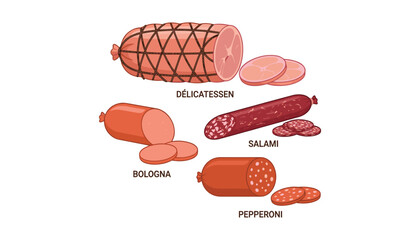 Delicatessen cold cuts vector icon set featuring sliced salami bologna pepperoni and ham sausage meat product cartoon illustration © Ruma