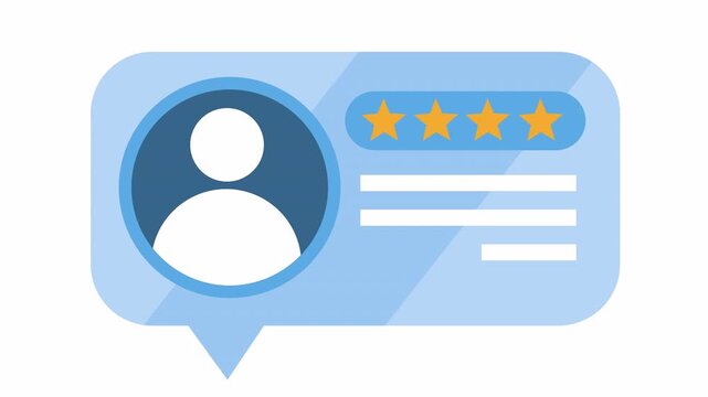 User review testimonial bubble with four-star rating cartoon animation with customer feedback speech bubble icon and profile avatar symbol for social media comment review isolated on an alpha channel.