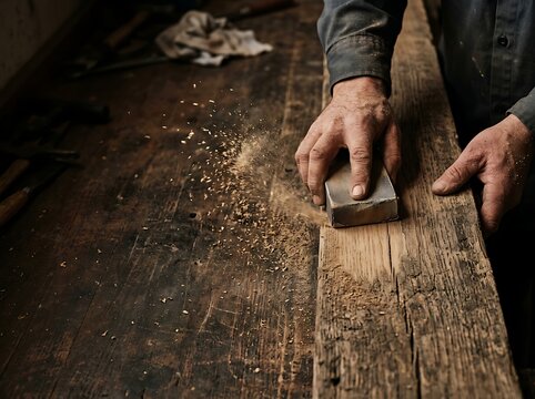 Woodworker Sanding a Rough Wooden Board by Hand on Rustic Workbench in Carpentry Workshop