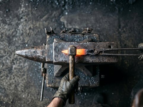 Blacksmith Forging Heated Metal on Anvil with Hammer in Traditional Metalworking Workshop