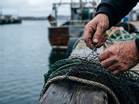 Fisherman Repairing Fishing Net by Hand on Wooden Boat Dock in Coastal Harbor