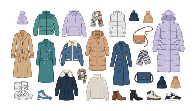 Winter and autumn warm seasonal clothes collection with outerwear coats jackets boots and accessories flat vector illustration set