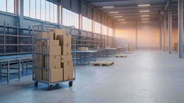 Large modern warehouse interior with metal shelving units and a rolling cart filled with cardboard