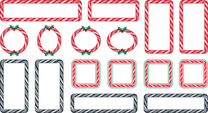 Candy Cane Christmas Frame and Border Set with Festive Holiday Wreaths, Holly Berries, and Decorative Striped Banners for Greeting Cards, Web Banners, and Digital Designs