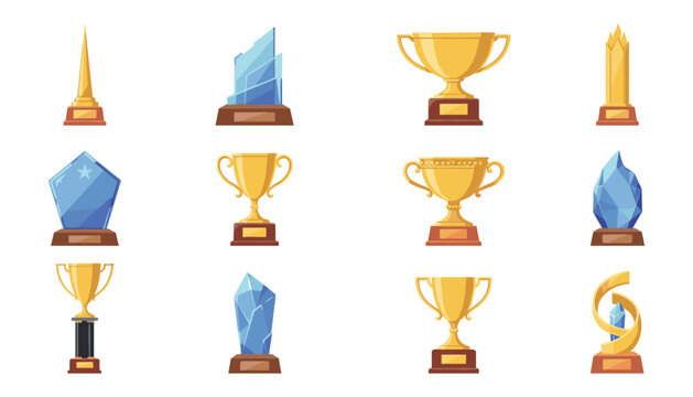 Modern crystal and golden trophy cup award collection flat vector cartoon illustration set isolated on white background