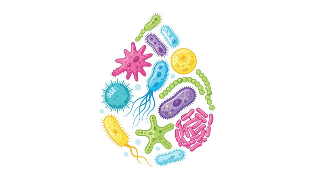 Microbiology bacteria and virus vector elements arranged in water drop shape with colorful microbes cells and germs