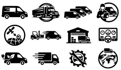 Obraz premium Logistics fleet truck van vehicle vector silhouettes emblem set commercial transport logo collection