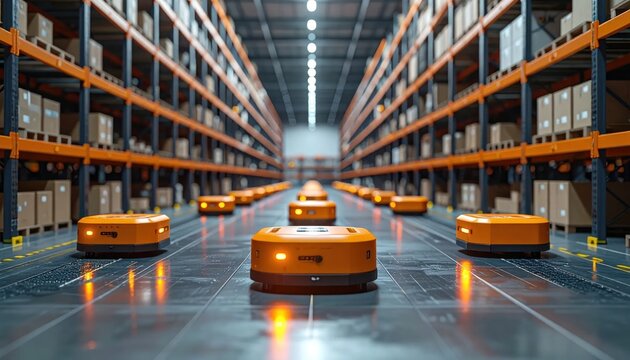 Automated warehouse robots in logistics center.