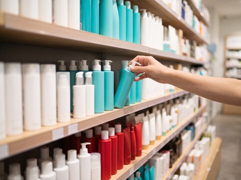 A hand reaching to take a blank turquoise pump bottle from a shelf fully stocked with various cosmetic products in a bright retail store.