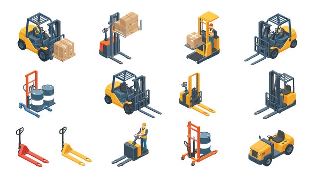 Isometric warehouse forklift vector set with pallet jacks lift trucks cargo boxes barrels and industrial logistics equipment illustration