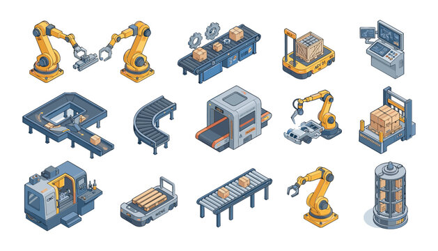 PrintIsometric smart factory automation icons set with robotic arms conveyors CNC machine and warehouse logistics equipment elements vector