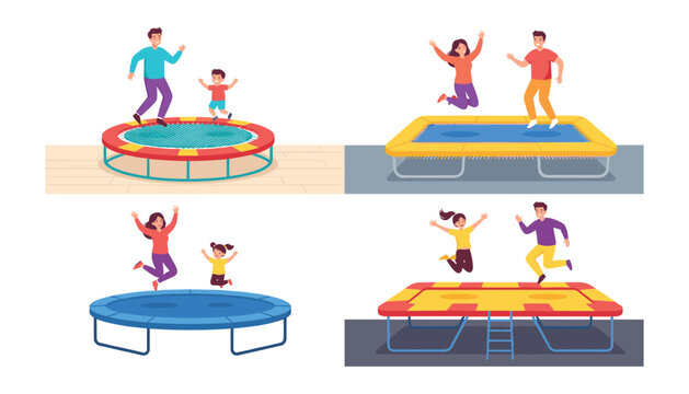 Happy people and kids jumping on trampolines flat vector illustration set isolated on a white background