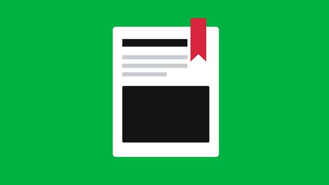 White article card with red bookmark ribbon snapping into place after cursor press, 4k chroma key green screen save button animation for widescreen video overlay compositing