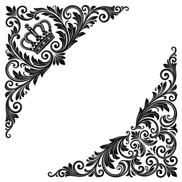 Black ornamental corner flourish with royal crown, vintage filigree scroll border design