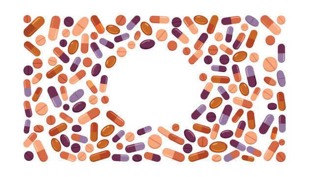 Medical pills and capsules vector background template with a clear central copy space isolated on white background