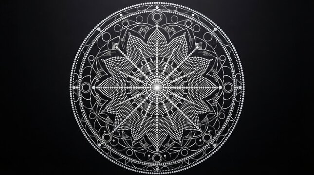 Indian mandala pattern featuring intricate white geometric lines and floral motifs on a black background ornament decorative