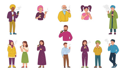 Fototapeta premium Diverse people smoking cigarettes vape electronic device and pipe vector flat illustration character set isolated on background