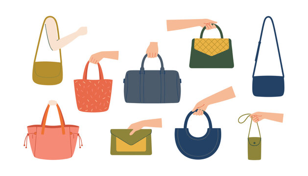 Female hands holding various fashion handbags purses tote crossbody clutch and shoulder bags flat vector illustration collection isolated