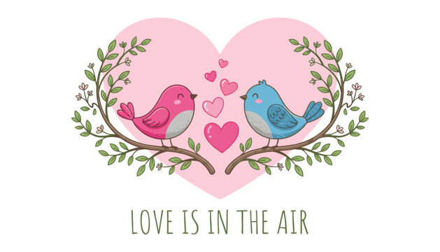 Cute valentine lovebirds illustration with pink heart tree branches green leaves and love is in the air text