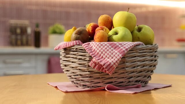 Various fresh fruits in wicker basket on table indoors. Camera moving left