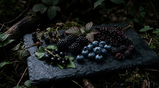 Fresh wild forest berries on a rustic stone slate