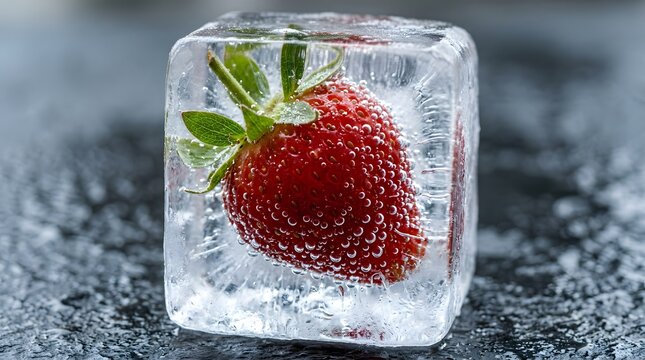 Fresh red strawberry frozen inside a clear ice cube