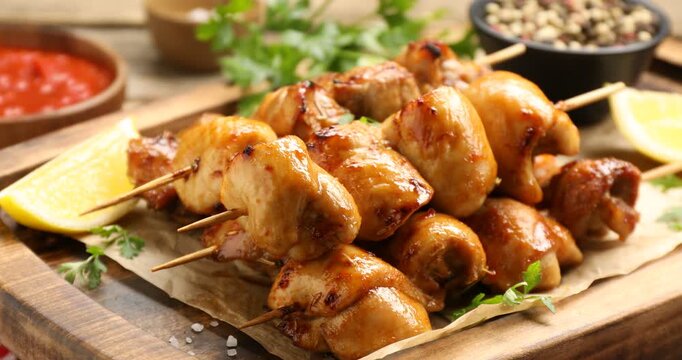 Man putting shish kebabs onto table, closeup
