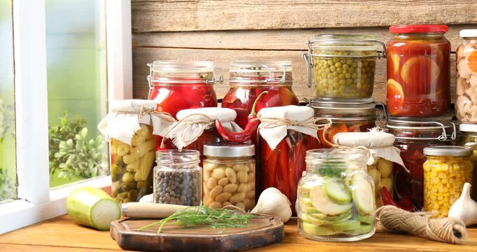 Different pickled products in glass jars on wooden table near window indoors, closeup. Camera moving left