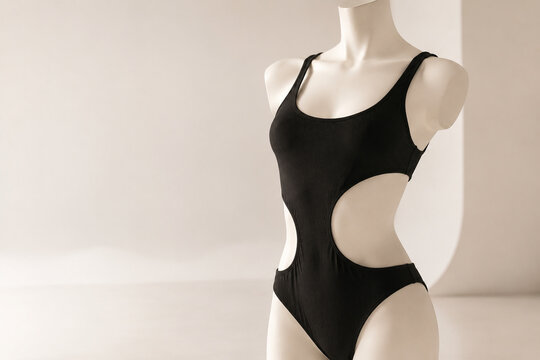 Faceless dress form mannequin wearing black cutout monokini, studio cyclorama, swimwear display