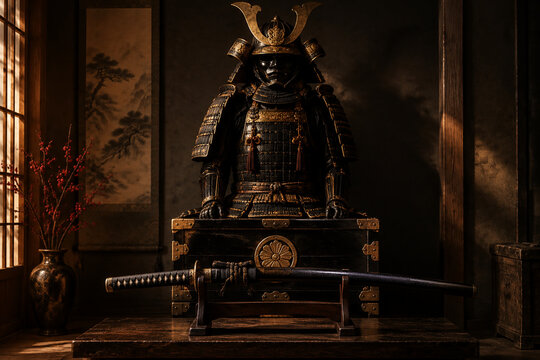 Bushido still life with samurai armor and katana in dark alcove