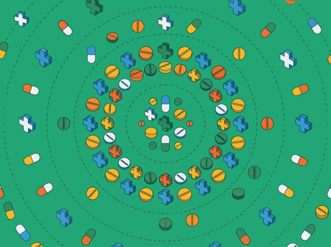 Isometric medical background with colorful pills and pharmacy symbols