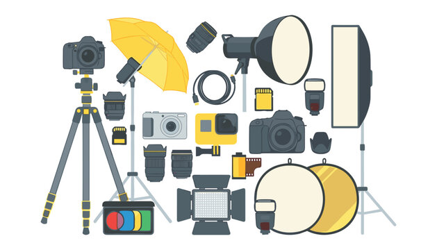 Professional photography studio equipment vector set with digital dslr camera tripod lighting umbrella lenses softbox reflector and action cam