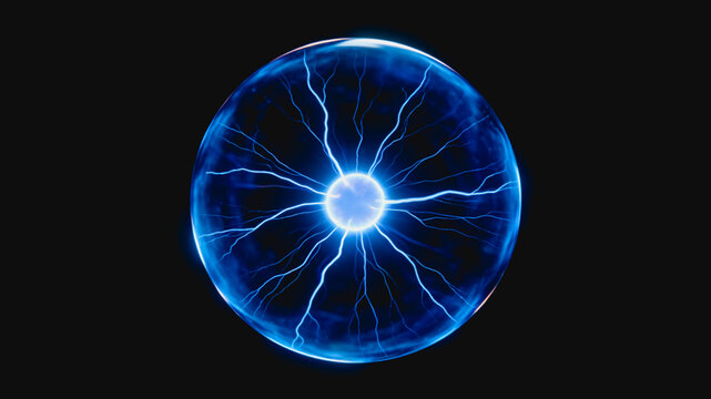 A 3D rendered blue plasma globe with branching electric discharges emanating from a central core against a dark background, demonstrating gas discharge physics.