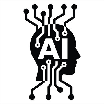 Artificial intelligence concept vector graphic featuring a human head silhouette with circuit board pathways and letters AI icon machine learning neural network technology cybernetics