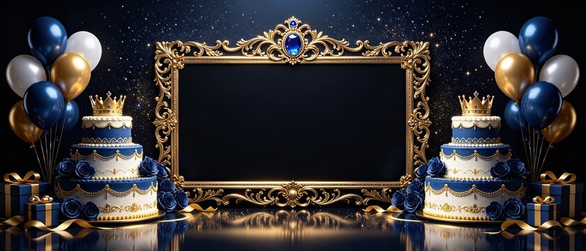 Luxury royal birthday template, ornate golden frame with cake, balloons and gift boxes, dark starry backdrop with copy‑space