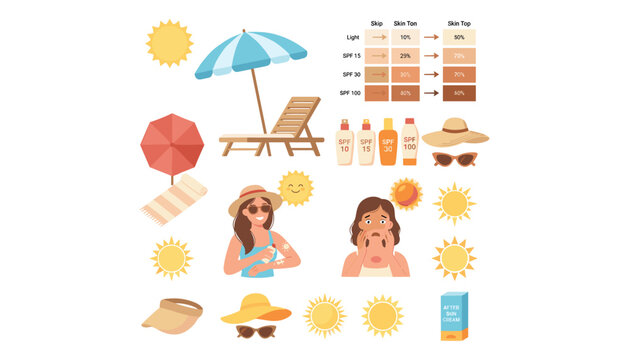 Sun protection and skincare vector icon set with sunscreen spf lotion sunburn skin tone chart umbrella chairs sunglasses hats characters
