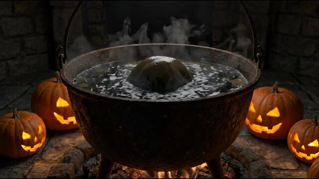 Halloween witch cauldron brewing potion with glowing jack o lantern pumpkins in a spooky dark fireplace setting