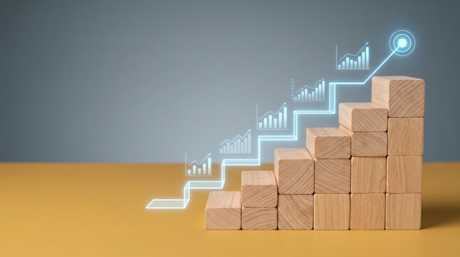 Wooden blocks forming stairs with glowing charts indicating upward growth and success