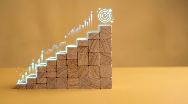 Wooden blocks stacked as stairs leading to a target with glowing charts symbolizing growth