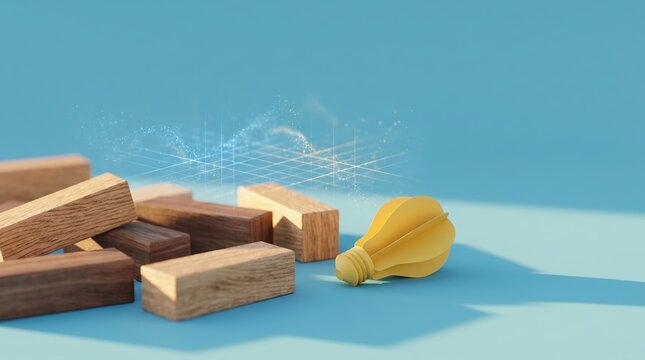 Conceptual idea of innovation and creativity with wooden blocks and a light bulb