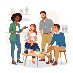 Obraz premium Diverse group of friends or colleagues in a casual meeting, laughing and interacting in a modern, minimalist setting.